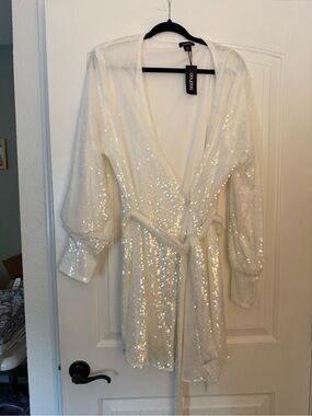 Boohoo Plus White Sequin Wrap Mini Dress | US 14 | NWT